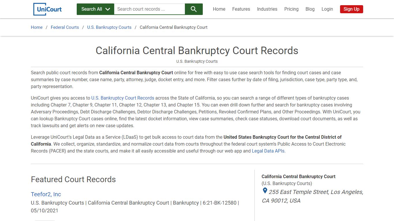 California Central Bankruptcy Court Records | PACER Case Search | UniCourt